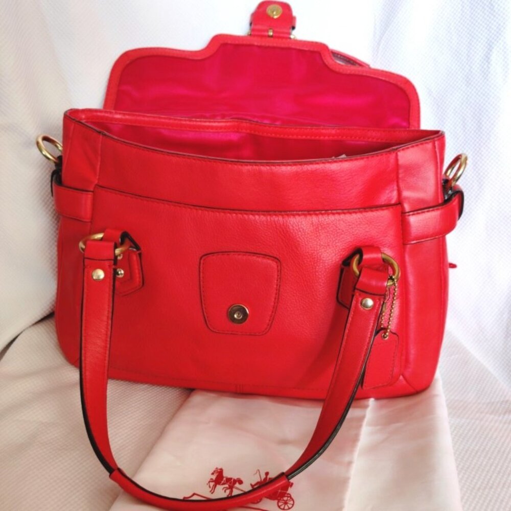Coach Soho Leather Campbell Flap Convertible Satchel in Hot Orange & Brass, EUC - Picture 7 of 16